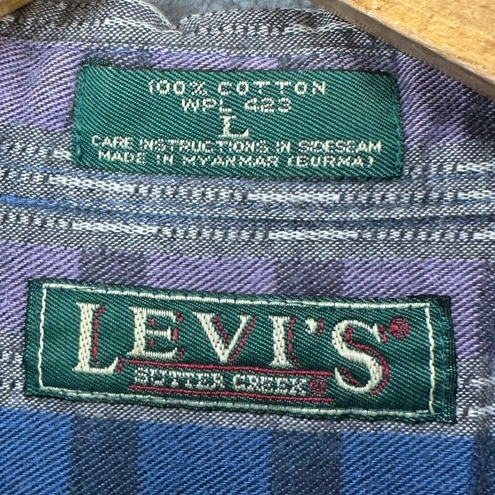 VINTAGE Levis Sutter Creek Men Button Up Shirt Large Blue Purple Check Black Tab - Picture 5 of 11